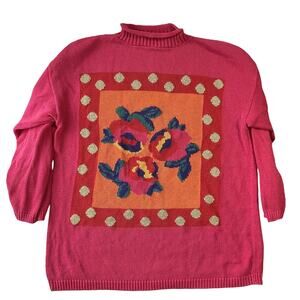 PASTA Women Sweatshirt L Pink Floral Panel Metallic Embroidered Long Sleeve Mock